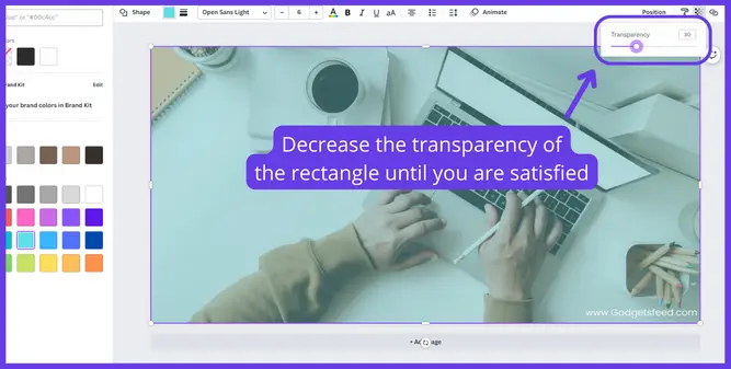 How to decrease transparency in Canva