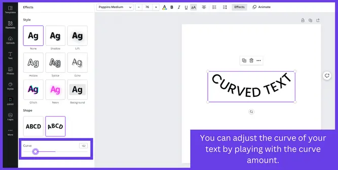 How to curve canva text
